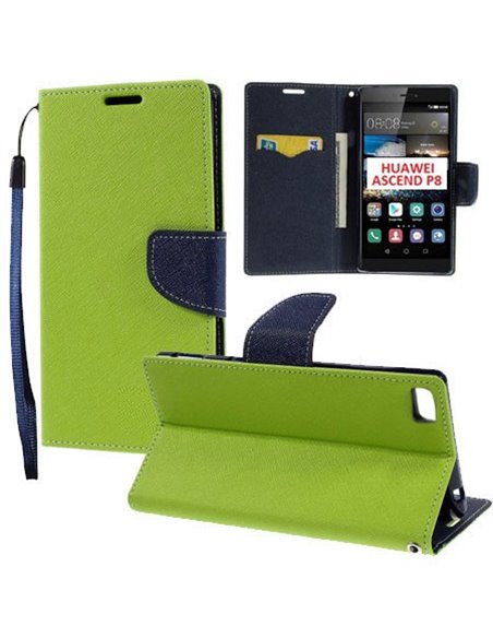 CUSTODIA FLIP ORIZZONTALE per HUAWEI ASCEND P8 CON INTERNO IN TPU SILICONE, STAND, PORTA CARTE E LACCIO DA POLSO COLORE VERDE