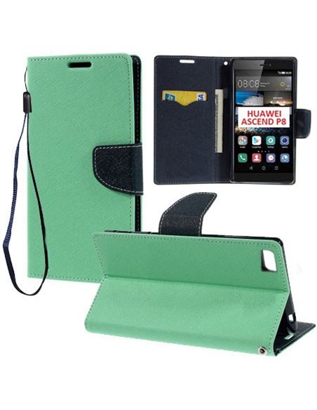 CUSTODIA FLIP ORIZZONTALE per HUAWEI ASCEND P8 CON INTERNO IN TPU, STAND, PORTA CARTE E LACCIO DA POLSO COLORE VERDE ACQUA