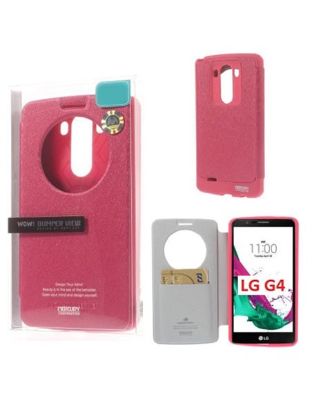 CUSTODIA FLIP ORIZZONTALE per LG G4, H815 CON FINESTRA ID E INTERNO IN TPU SILICONE COLORE FUCSIA WOW! MERCURY BLISTER