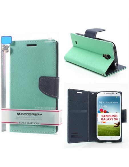 CUSTODIA FLIP ORIZZONTALE per SAMSUNG I9500 GALAXY S4 CON STAND E INTERNO IN TPU COLORE VERDE ACQUA FANCY DIARY MERCURY BLISTER