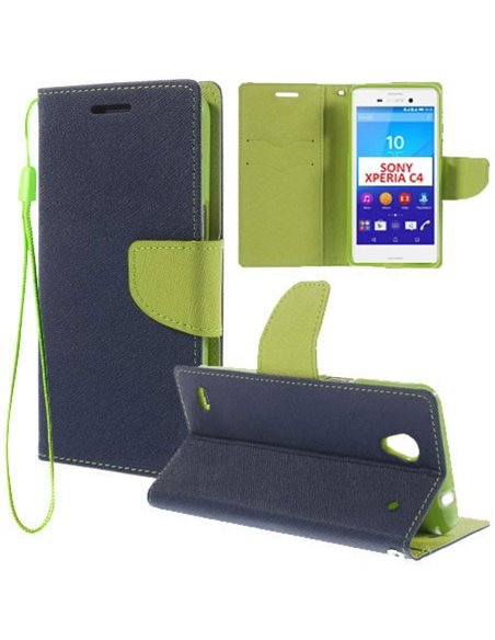 CUSTODIA FLIP ORIZZONTALE per SONY XPERIA C4, XPERIA C4 DUAL CON INTERNO IN TPU, STAND, PORTA CARTE E LACCIO DA POLSO COLORE BLU