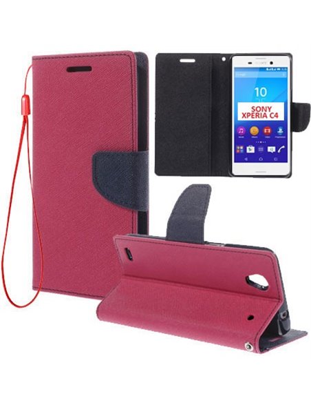 CUSTODIA FLIP ORIZZONTALE per SONY XPERIA C4, XPERIA C4 DUAL CON INTERNO IN TPU, STAND, PORTA CARTE E LACCIO DA POLSO FUCSIA