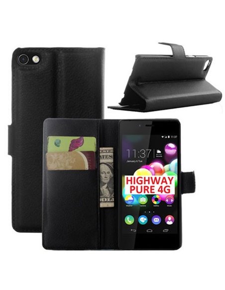 CUSTODIA FLIP ORIZZONTALE SIMILPELLE per WIKO HIGHWAY PURE 4G CON STAND, PORTA CARTE E CHIUSURA MAGNETICA COLORE NERO