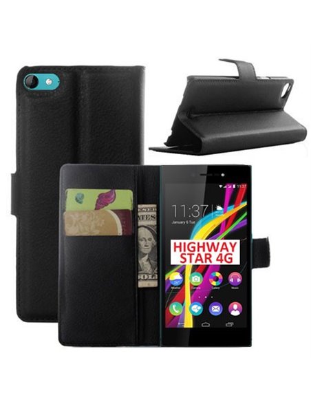 CUSTODIA FLIP ORIZZONTALE SIMILPELLE per WIKO HIGHWAY STAR 4G CON STAND, PORTA CARTE E CHIUSURA MAGNETICA COLORE NERO