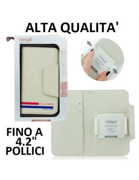 CUSTODIA FLIP ORIZZONTALE PELLE UNIVERSALE CON PORTA CARTE PER DISPOSITIVI FINO A 4,2' POLLICI COLORE BEIGE ALTA QUALITA' VERSAL