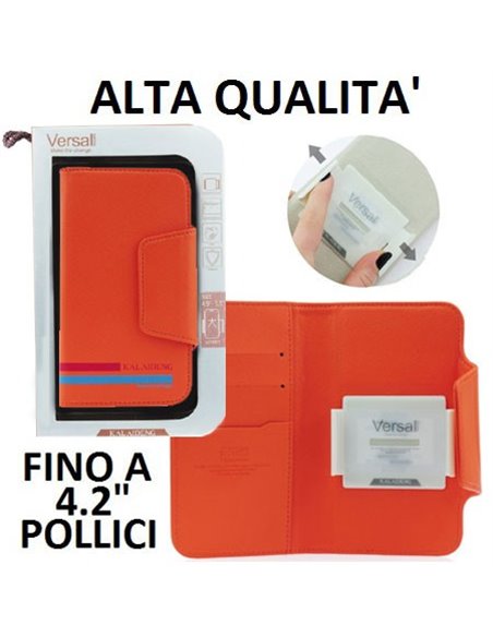 CUSTODIA FLIP ORIZZONTALE PELLE UNIVERSALE CON PORTA CARTE PER DISPOSITIVI FINO A 4,2' POLLICI COLORE ARANCIONE ALTA QUALITA'