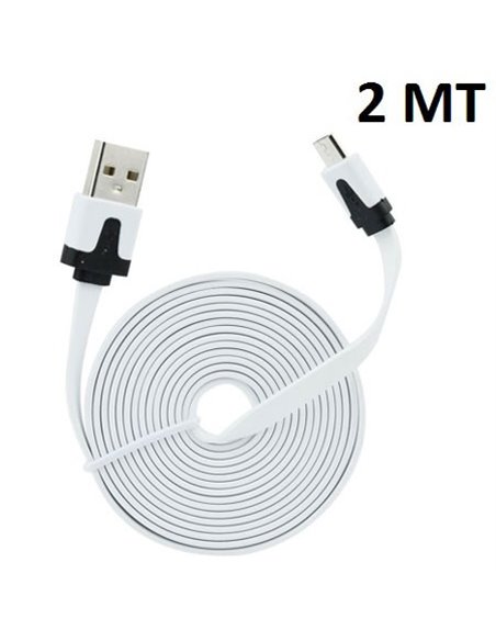 CAVO USB PIATTO per ZTE BLADE S, BLADE L3 ATTACCO MICRO USB LUNGHEZZA 2 MT COLORE BIANCO SEGUE COMPATIBILITA'..