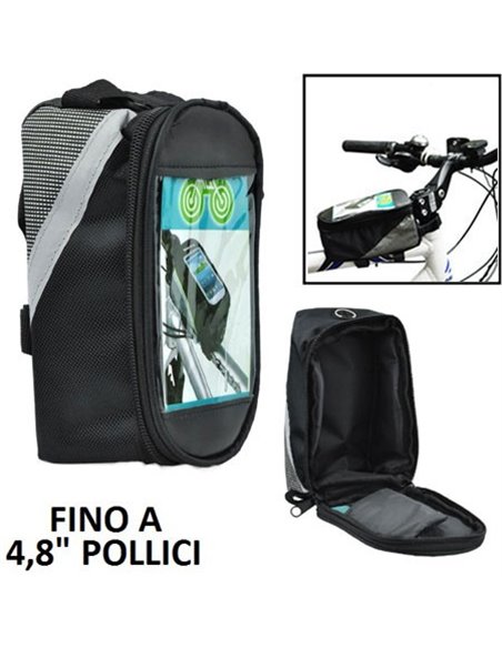 SUPPORTO BICI UNIVERSALE PER DISPOSITIVI FINO A 4,8' POLLICI CON TASCA PORTA OGGETTI E FISSAGGIO A STRAP COLORE NERO