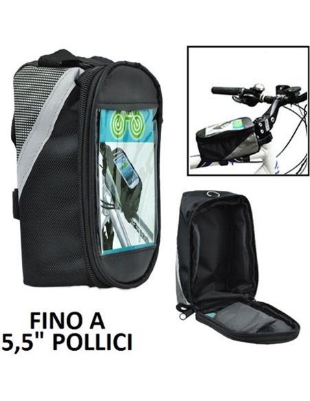 SUPPORTO BICI UNIVERSALE PER DISPOSITIVI FINO A 5,5' POLLICI CON TASCA PORTA OGGETTI E FISSAGGIO A STRAP COLORE NERO