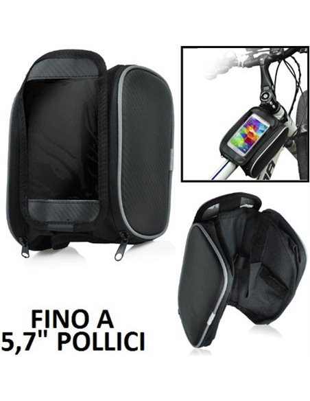 SUPPORTO BICI UNIVERSALE PER DISPOSITIVI FINO A 5,7' POLLICI CON DOPPIA TASCA PORTA OGGETTI E FISSAGGIO A STRAP COLORE NERO