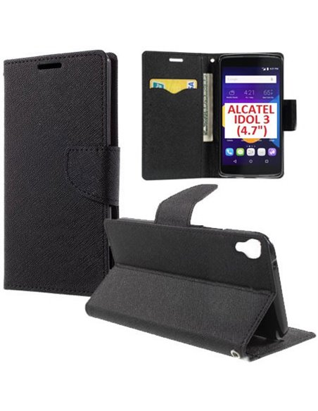 CUSTODIA FLIP ORIZZONTALE per ALCATEL ONE TOUCH IDOL 3 - 4.7' POLLICI, OT-6039X CON INTERNO IN TPU, STAND E PORTA CARTE NERO