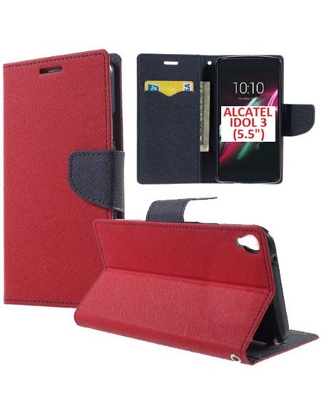 CUSTODIA FLIP ORIZZONTALE per ALCATEL ONE TOUCH IDOL 3 - 5.5' POLLICI OT-6045Y CON INTERNO IN TPU, STAND E PORTA CARTE ROSSO