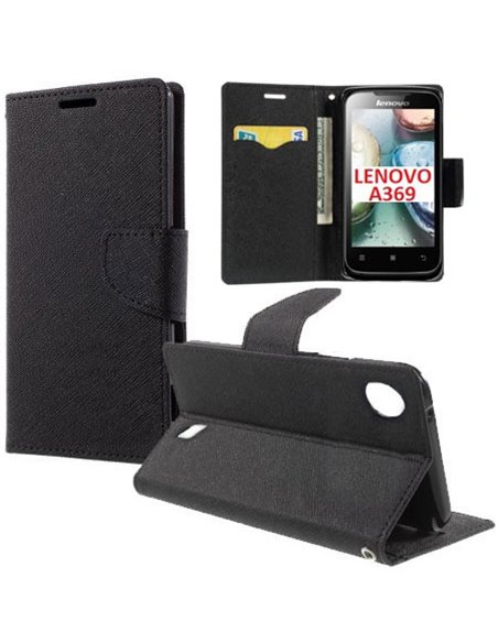 CUSTODIA FLIP ORIZZONTALE per LENOVO A369, LENOVO A369I CON INTERNO IN TPU, STAND E TASCHE PORTA CARTE COLORE NERO