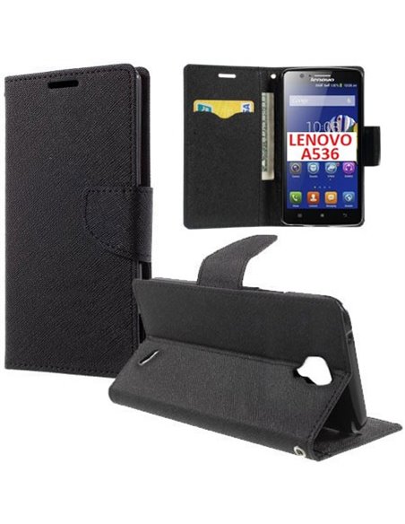 CUSTODIA FLIP ORIZZONTALE per LENOVO A536 CON INTERNO IN TPU, STAND E TASCHE PORTA CARTE COLORE NERO