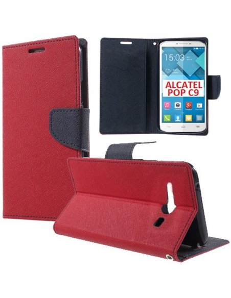 CUSTODIA FLIP ORIZZONTALE per ALCATEL ONE TOUCH POP C9, OT-7047 CON INTERNO IN TPU, STAND E TASCHE PORTA CARTE COLORE ROSSO