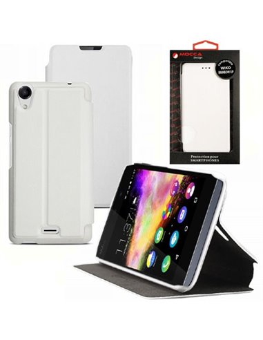 CUSTODIA FLIP ORIZZONTALE PELLE per WIKO RAINBOW UP CON STAND COLORE BIANCO ALTA QUALITA' MOCCA BLISTER