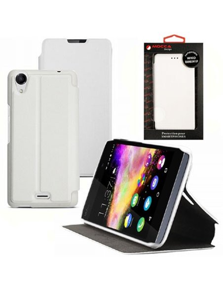 CUSTODIA FLIP ORIZZONTALE PELLE per WIKO RAINBOW UP CON STAND COLORE BIANCO ALTA QUALITA' MOCCA BLISTER