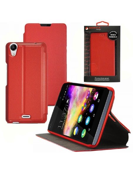 CUSTODIA FLIP ORIZZONTALE PELLE per WIKO RAINBOW UP CON STAND COLORE ROSSO ALTA QUALITA' MOCCA BLISTER