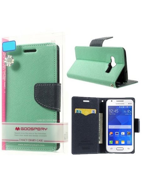 CUSTODIA FLIP ORIZZONTALE PELLE per SAMSUNG G313H GALAXY TREND, G318 TREND 2 LITE CON INTERNO IN TPU VERDE ACQUA FANCY MERCURY