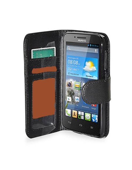 CUSTODIA FLIP ORIZZONTALE SIMILPELLE per HUAWEI ASCEND G610, G610s CON TASCHE PORTA CARTE E CHIUSURA MAGNETICA COLORE NERO