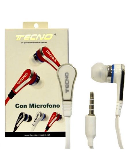 AURICOLARE STEREO con CONNETTORE JACK 3,5mm - GOMMINI, TASTO DI RISPOSTA E MICROFONO COLORE BIANCO TECNO TC-312