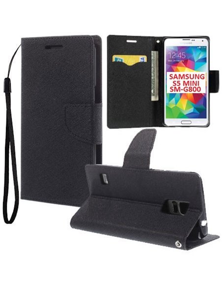 CUSTODIA FLIP ORIZZONTALE per SAMSUNG G800 GALAXY S5 MINI CON INTERNO IN TPU, STAND, PORTA CARTE E LACCIO DA POLSO COLORE NERO