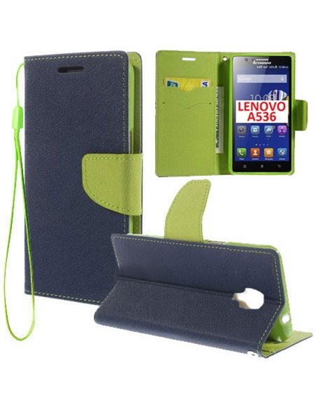 CUSTODIA FLIP ORIZZONTALE per LENOVO A536 CON INTERNO IN TPU, STAND, TASCHE PORTA CARTE E LACCIO DA POLSO COLORE BLU