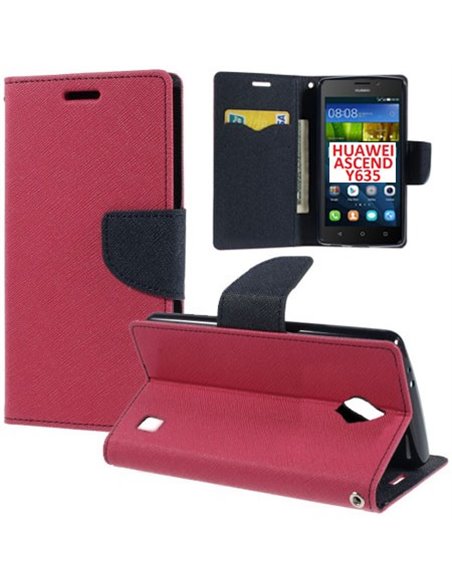 CUSTODIA FLIP ORIZZONTALE per HUAWEI ASCEND Y635 CON INTERNO IN TPU SILICONE, STAND E TASCHE PORTA CARTE COLORE FUCSIA