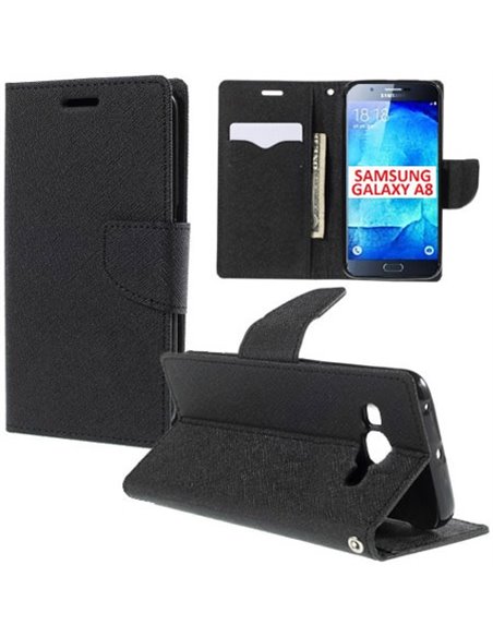 CUSTODIA FLIP ORIZZONTALE per SAMSUNG SM-A800F GALAXY A8 CON STAND, INTERNO IN TPU SILICONE E TASCHE PORTA CARTE COLORE NERO