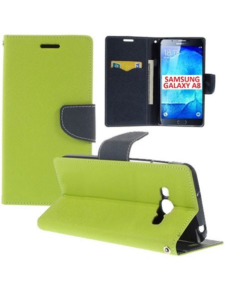 CUSTODIA FLIP ORIZZONTALE per SAMSUNG SM-A800F GALAXY A8 CON STAND, INTERNO IN TPU SILICONE E TASCHE PORTA CARTE COLORE VERDE