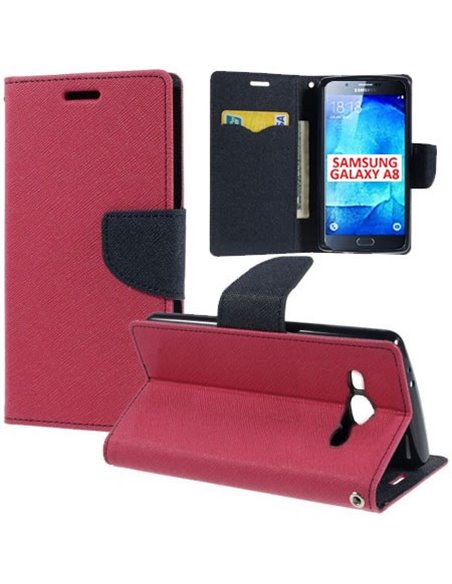 CUSTODIA FLIP ORIZZONTALE per SAMSUNG SM-A800F GALAXY A8 CON STAND, INTERNO IN TPU E TASCHE PORTA CARTE COLORE FUCSIA