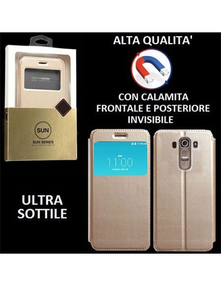 CUSTODIA FLIP ORIZZONTALE PELLE per LG G4, H815 con CHIUSURA MAGNETICA INVISIBILE, STAND ED INTERNO IN TPU SILICONE COLORE ORO