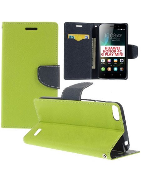 CUSTODIA FLIP ORIZZONTALE per HUAWEI HONOR 4C, G PLAY MINI, G650 CON INTERNO IN TPU, STAND E TASCHE PORTA CARTE COLORE VERDE