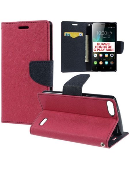 CUSTODIA FLIP ORIZZONTALE per HUAWEI HONOR 4C, G PLAY MINI, G650 CON INTERNO IN TPU, STAND E TASCHE PORTA CARTE COLORE FUCSIA