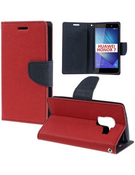 CUSTODIA FLIP ORIZZONTALE per HUAWEI HONOR 7 CON INTERNO IN TPU, STAND, TASCHE PORTA CARTE E CHIUSURA MAGNETICA COLORE ROSSO