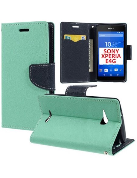 CUSTODIA FLIP ORIZZONTALE per SONY XPERIA E4G, SONY XPERIA E4G DUAL CON INTERNO IN TPU, STAND E PORTA CARTE COLORE VERDE ACQUA