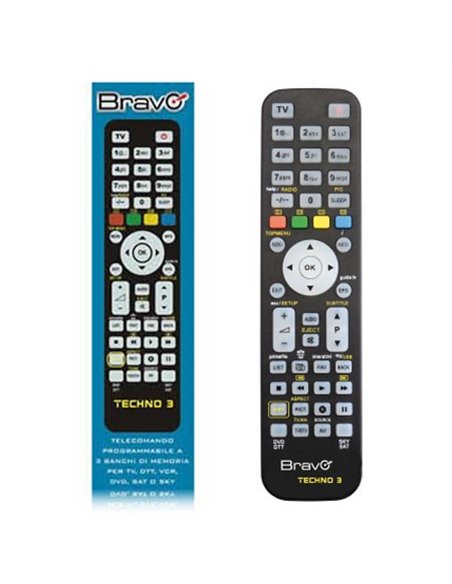 TELECOMANDO UNIVERSALE PROGRAMMABILE DA PC CON 3 BANCHI DI MEMORIA PER TV, DTT, VCR, DVD, SAT E SKY COLORE NERO TECHNO3 BRAVO