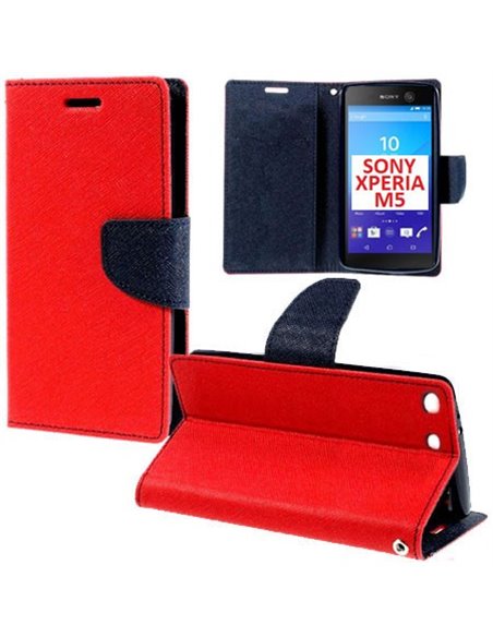 CUSTODIA FLIP ORIZZONTALE per SONY XPERIA M5, XPERIA M5 DUAL CON INTERNO IN TPU, STAND E TASCHE PORTA CARTE COLORE ROSSO