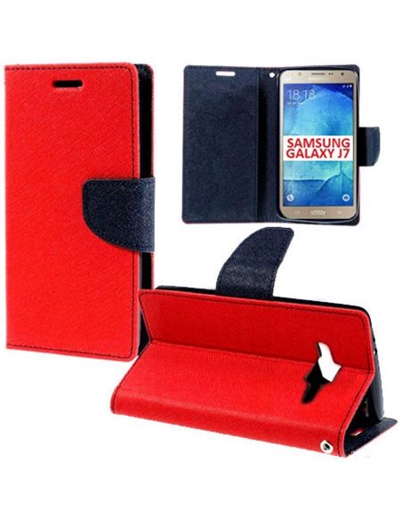 CUSTODIA FLIP ORIZZONTALE per SAMSUNG SM-J700F GALAXY J7 CON INTERNO IN TPU, STAND E TASCHE PORTA CARTE COLORE ROSSO