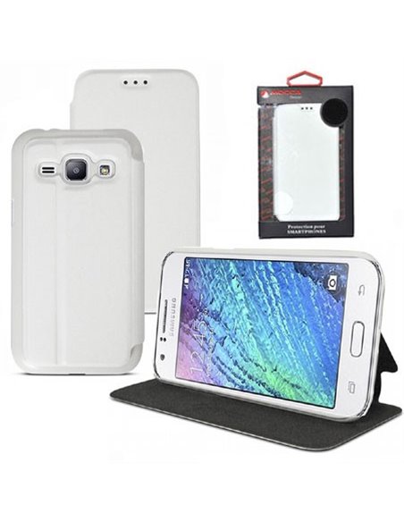 CUSTODIA FLIP ORIZZONTALE SLIM PELLE per SM-J100H GALAXY J1 CON STAND COLORE BIANCO ALTA QUALITA' MOCCA BLISTER