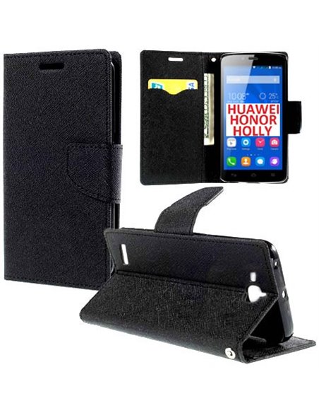 CUSTODIA FLIP ORIZZONTALE per HUAWEI HONOR HOLLY CON INTERNO IN TPU SILICONE, STAND E TASCHE PORTA CARTE COLORE NERO