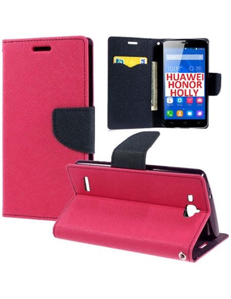 CUSTODIA FLIP ORIZZONTALE per HUAWEI HONOR HOLLY CON INTERNO IN TPU SILICONE, STAND E TASCHE PORTA CARTE COLORE FUCSIA