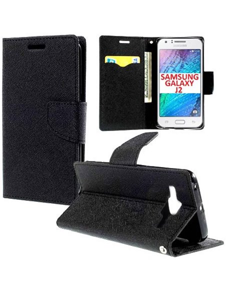 CUSTODIA FLIP ORIZZONTALE per SAMSUNG SM-J200F GALAXY J2 CON STAND, INTERNO IN TPU SILICONE E TASCHE PORTA CARTE COLORE NERO