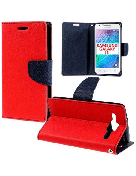 CUSTODIA FLIP ORIZZONTALE per SAMSUNG SM-J200F GALAXY J2 CON STAND, INTERNO IN TPU E TASCHE PORTA CARTE COLORE ROSSO