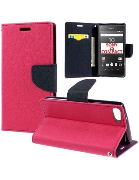 CUSTODIA FLIP ORIZZONTALE per SONY XPERIA Z5 COMPACT E5803, E5823 CON STAND, INTERNO IN TPU SILICONE E PORTA CARTE COLORE FUCSIA