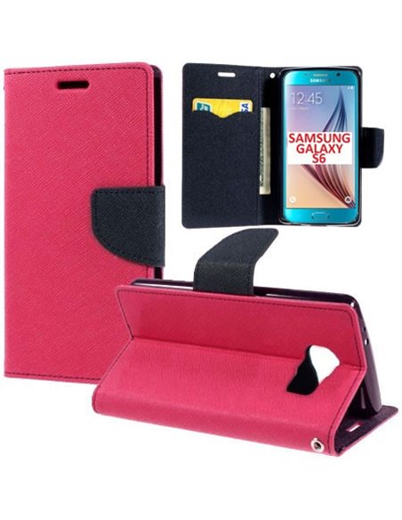 CUSTODIA FLIP ORIZZONTALE per SAMSUNG SM-G920 GALAXY S6 CON STAND, INTERNO IN TPU E TASCHE PORTA CARTE COLORE FUCSIA