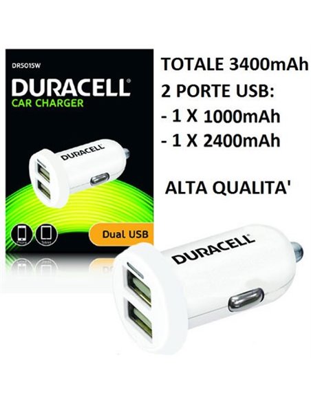 CARICATORE AUTO 3400mAh CON 2 PORTE USB (1000mAh e 2400mAh) COLORE BIANCO ALTA QUALITA' DURACELL DR5015W BLISTER