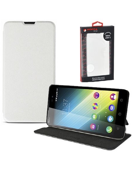 CUSTODIA FLIP ORIZZONTALE SLIM PELLE per WIKO LENNY 2 CON STAND COLORE BIANCO ALTA QUALITA' MOCCA BLISTER