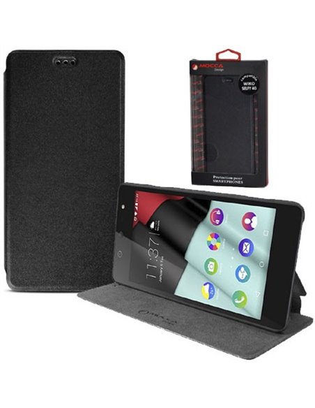 CUSTODIA FLIP ORIZZONTALE SLIM PELLE per WIKO SELFY 4G CON STAND COLORE NERO ALTA QUALITA' MOCCA BLISTER