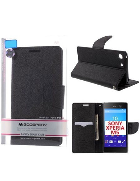 CUSTODIA FLIP ORIZZONTALE per SONY XPERIA M5, XPERIA M5 DUAL CON INTERNO IN TPU, STAND E PORTA CARTE COLORE NERO FANCY MERCURY